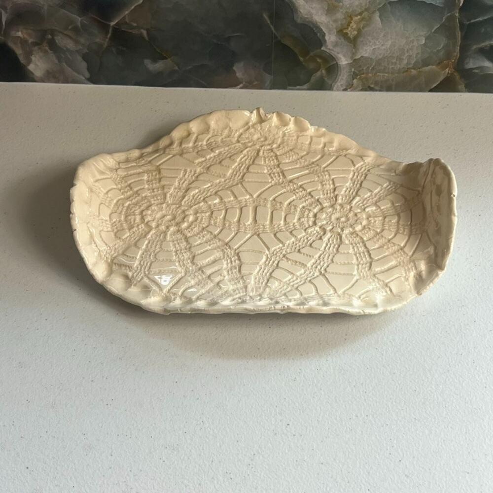 Art Studio Trinket Dish Off White Floral Stamped Design Folded Rim 9" Footed